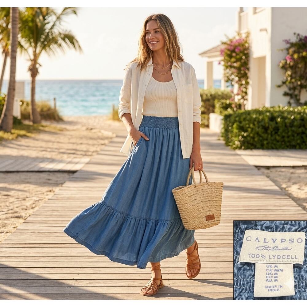 Calypso St Barth 100% Lyocell Boho Tiered Maxi Skirt Blue Pockets Coastal Medium